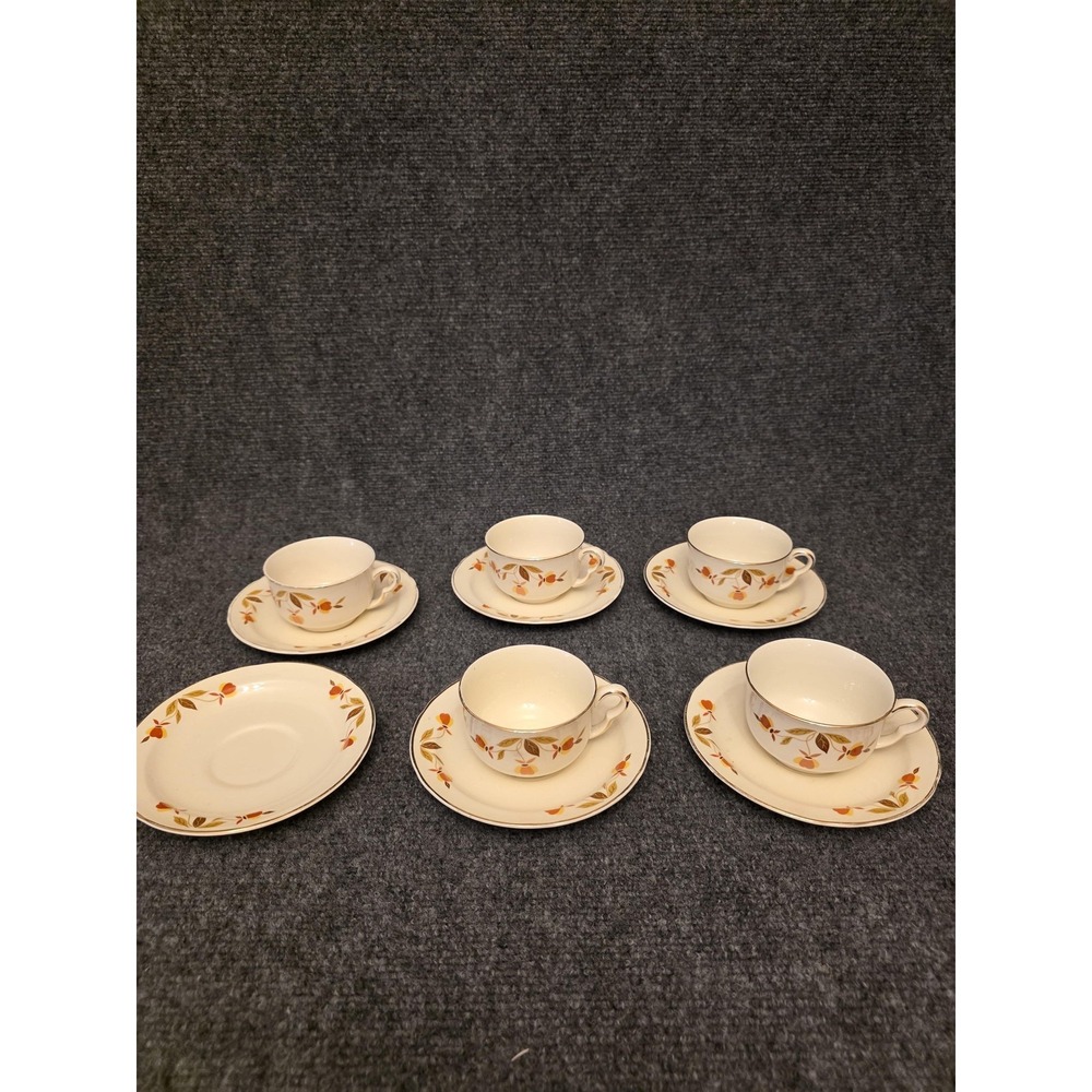 Vintage Hall Superior Quality Floral Tea Cups Saucers Set Gold Trim White USA